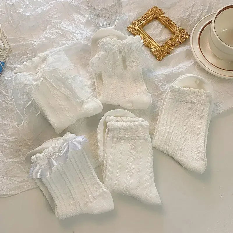 WHITE BOW LACE SOCKS 5-PACK
